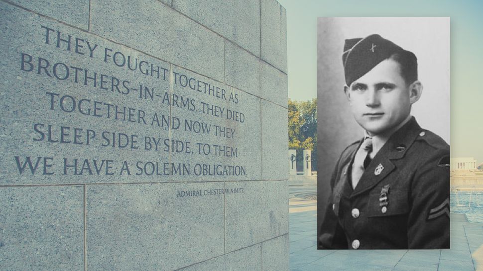 Background image: File photo of WWII Memorial in Washington D.C. At right, photo of Army Staff Sgt. Leo J. Husak shared by the Defense POW/MIA Accounting Agency.