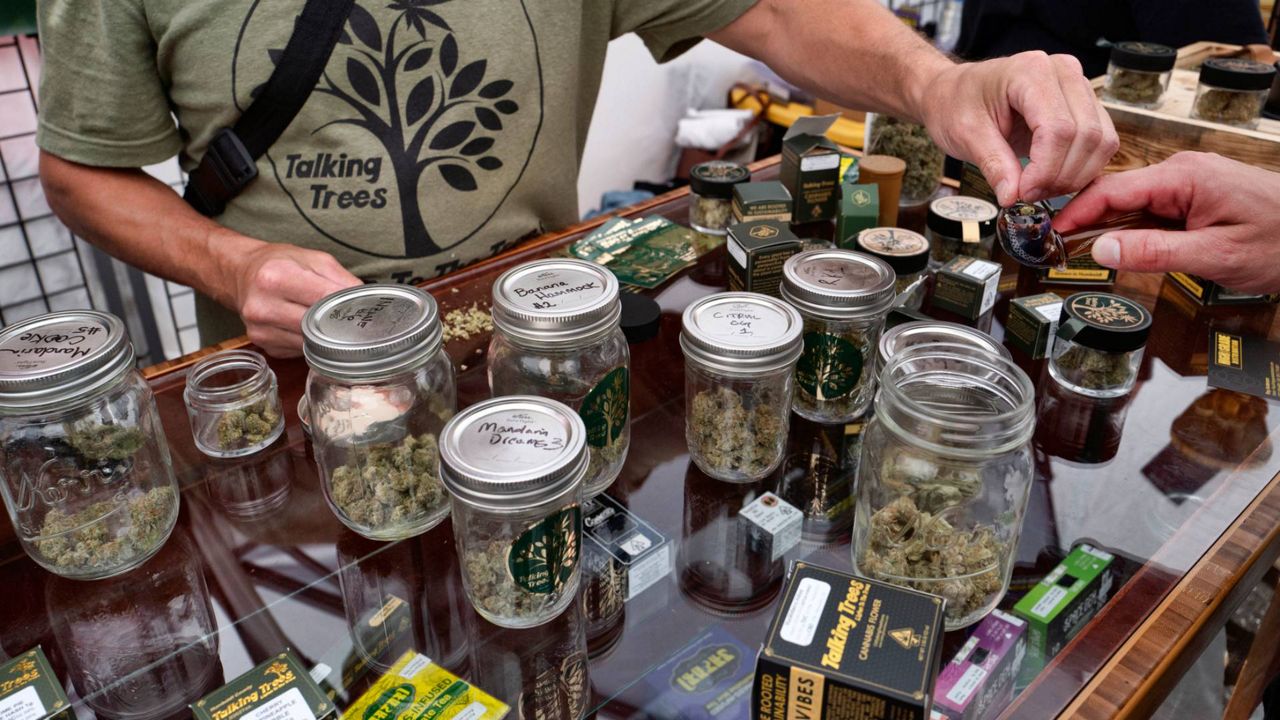 A vendor with Talking Trees Farms, a Northern Humboldt County sustainable cannabis farm, offers a taste of their latest crop of crafted marijuana flower to an attendee of WeedCon West 2019 in Los Angeles on June 20, 2019. (AP Photo/Richard Vogel, File)