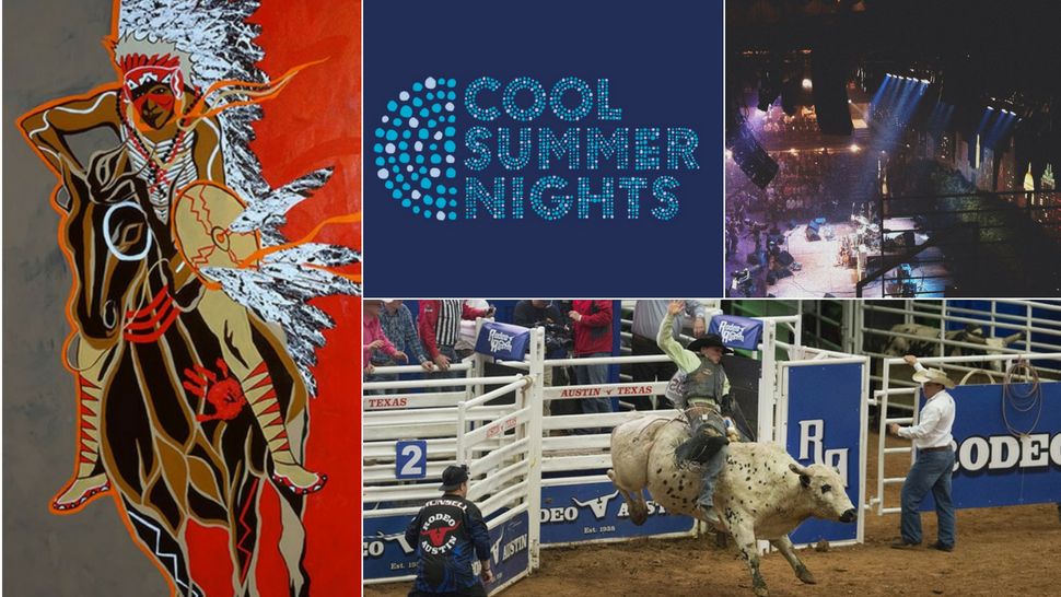 Pictured, left: Comanche Motion by Eric Tippeconnic, Acrylic on Canvas, 6’ x 5’. Top right, L-R: Logo for Cool Summer Nights (Courtesy/Bullock Museum); Austin City Limits stage (Courtesy/Jeremy Gordon, Flickr); Bottom row: File photo from Austin Rodeo. 