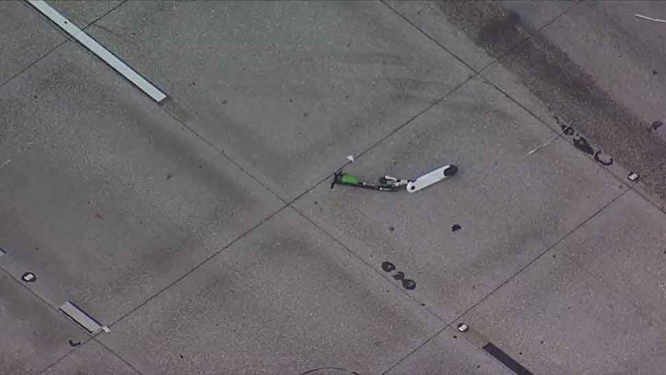 Remains of an e-scooter involved in a collision with a tractor trailer in Tampa on Thursday, June 20, 2019. (Courtesy of Sky 9)