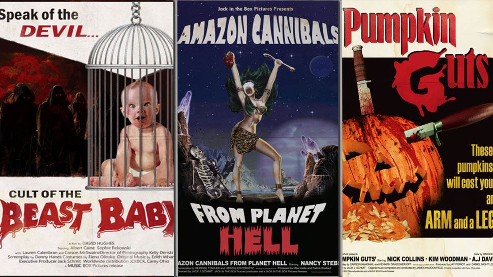 Movie posters you may see inside the "Slaughter Sinema" haunted house at Universal's Halloween Horror Nights -- From Left to Right: Cult of the Beast Baby, Amazon Cannibals from Planet Hall, and Pumpkin Guts. (Universal Orlando)