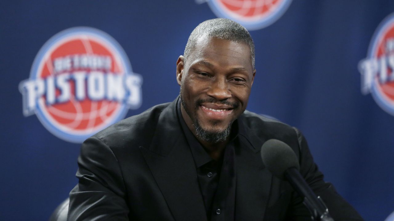 Former Detroit Pistons player Ben Wallace addresses the media before an NBA basketball game, Saturday, Jan. 16, 2016, in Auburn Hills, Mich. (AP Photo/Carlos Osorio)