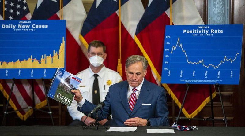 Gov. Greg Abbott addresses a news conference at the State Capitol in Austin, Texas, about the coronavirus pandemic Monday, June 22, 2020. Abbott said he has no plans to shut down the state again. "We must find ways to return to our daily routines as well as finding ways to coexist with COVID-19," Abbott said. (Ricardo B. Brazziell/Austin American-Statesman via AP)