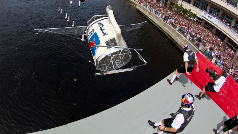 Homemade aircraft takes flight during 2011 Red Bull Flugtag outside the Tampa Convention Center.