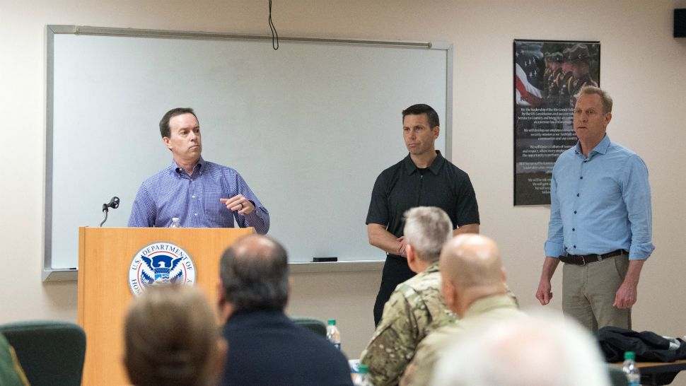 In this Defense Department file photo from May 11, 2019, Acting Customs and Border Patrol Commissioner John Sanders (left) gets a briefing about border security along with Acting Homeland Security Secretary Kevin McAleenan (middle) and Acting Defense Secretary Patrick Shanahan (right) in McAllen, Texas. (Amber I. Smith/Defense Department)