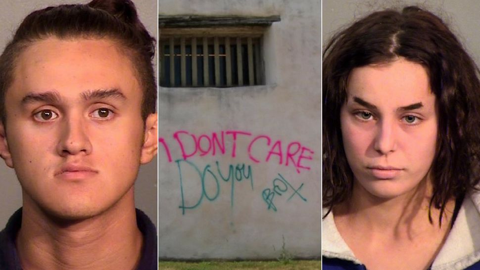 Right: 19-year-old Andres Castaneda. Middle: One of the several pieces of vandalism found on Mission San Juan Church Friday morning. Left: Gabriella Fritz.