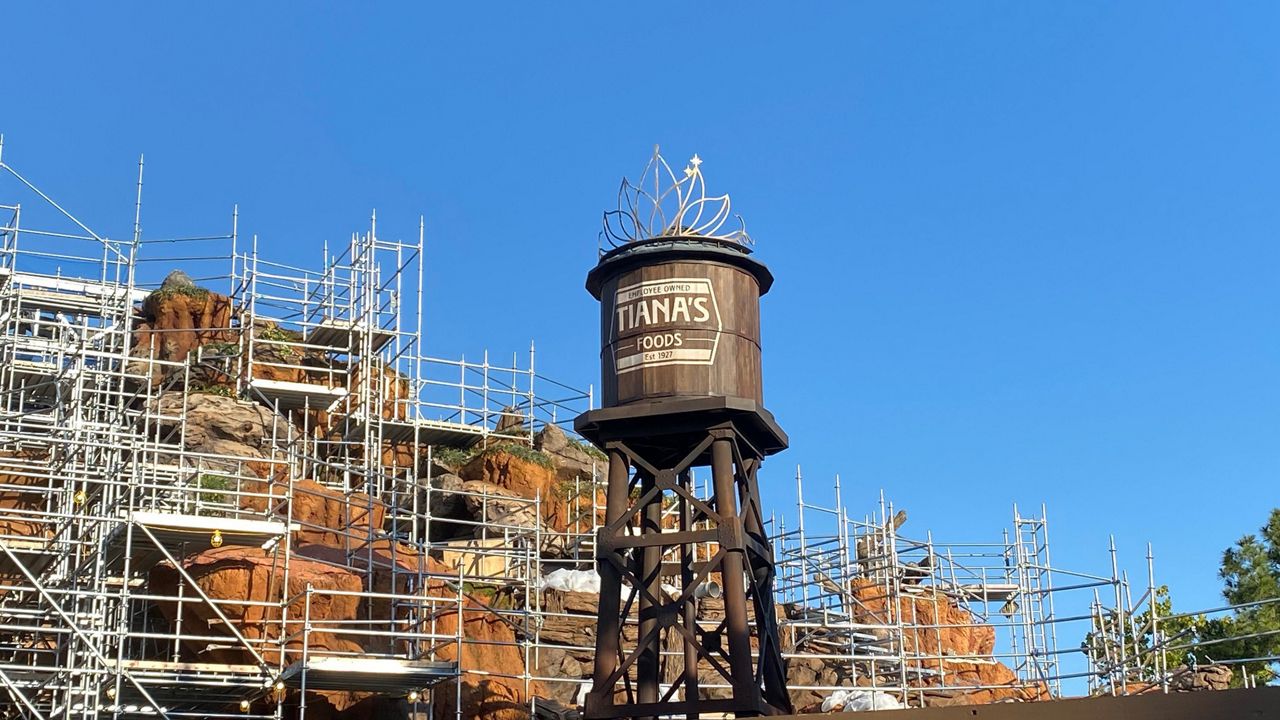 The water tower for Tiana's Foods at Tiana's Bayou Adventure, which is set to open at Magic Kingdom next year. (Spectrum News/Ashley Carter)