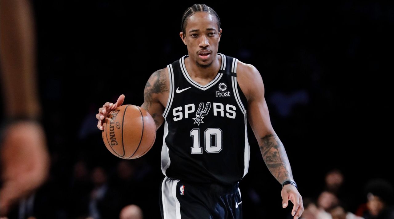 San Antonio Spurs' DeMar DeRozan (10) looks to pass during the first half of an NBA basketball game =an= Friday, March 6, 2020, in New York. (AP Photo/Frank Franklin II)