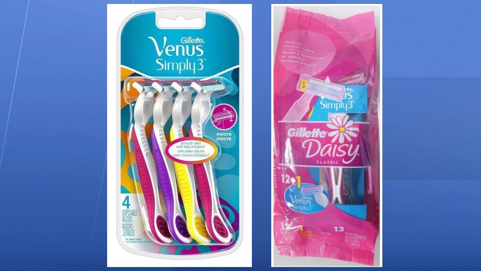 Venus Simply3 disposable razors by Gillette are being recalled. They're sold in four-packs (left) and are also included in Daisy 12-packs as a bonus 13th razor. (Consumer Product Safety Commission)