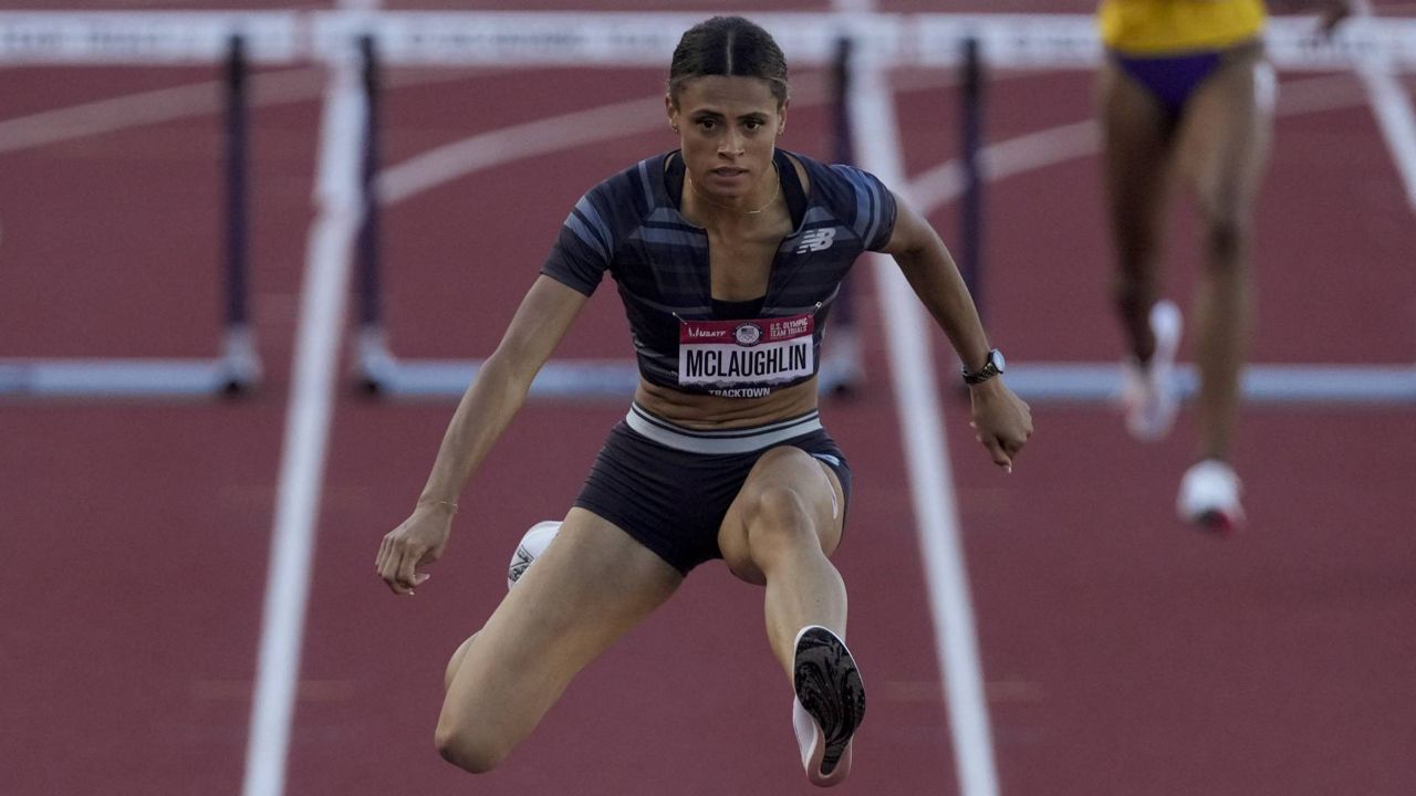 Sydney McLaughlin wins a semi-final in the women's 400-meter hurdles at the U.S. Olympic Track and Field Trials Saturday, June 26, 2021, in Eugene, Ore. (AP Photo/Ashley Landis)
