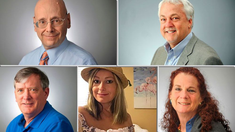 The victims of the Capital Gazette shooting. TOP: Gerald Fischman (left), Rob Hiaasen (right). BOTTOM, from the left: John McNamara, Rebecca Smith, Wendi Winters. (AP)