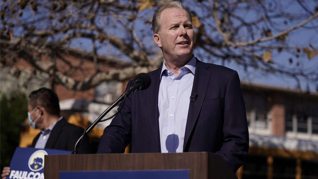 Republican gubernatorial candidate Kevin Faulconer speaks during a news conference in the San Pedro section of Los Angeles on Feb. 2, 2021. (AP Photo/Jae C. Hong)