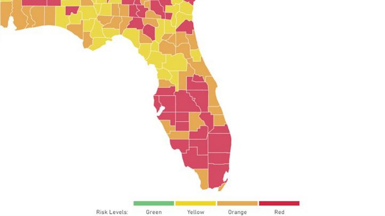 According to a Harvard Global Health study, a majority of Central Florida’s larger populated counties are all in red. (GlobalEpidemics.org)