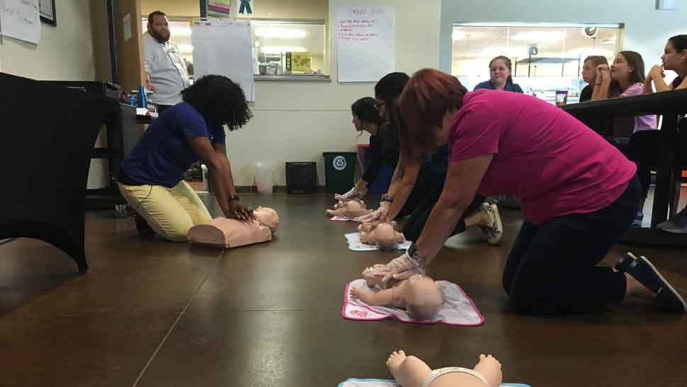 Students practice chest compressions as part of Pasco Schools’ Early Educators Camp at Land O’ Lakes High School. (Sarah Blazonis/Spectrum Bay News 9)