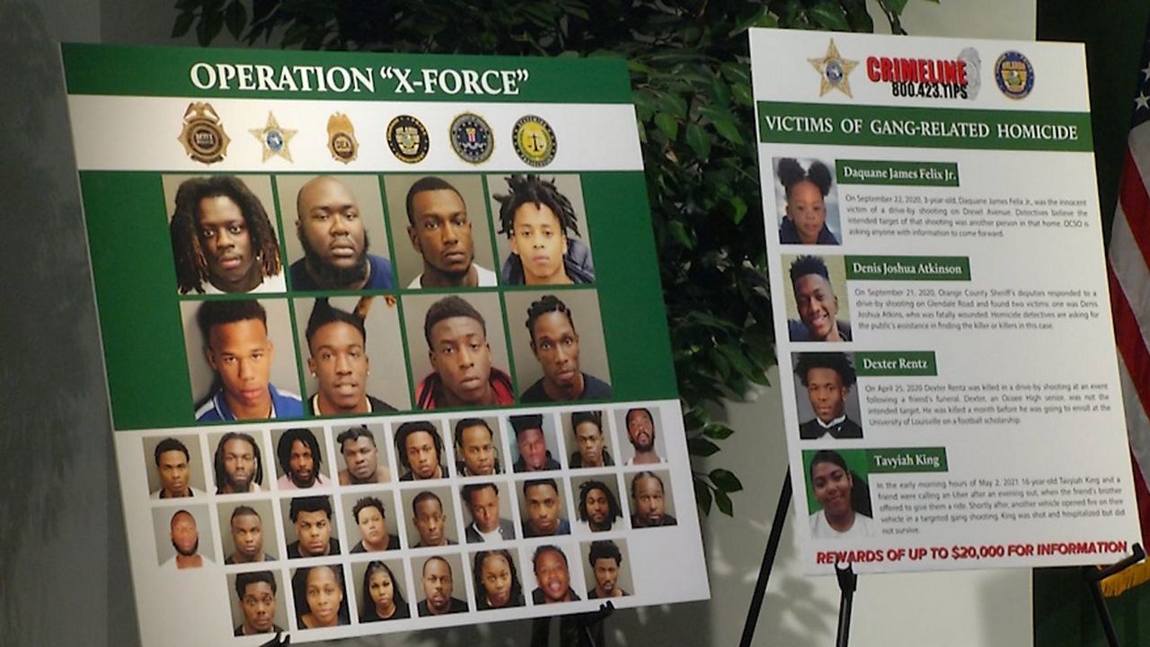 A poster board at Orange County Sheriff's Office showing the dozens of defendants charged as a result of Operation "X-Force."  (Spectrum News/Dan Messineo)