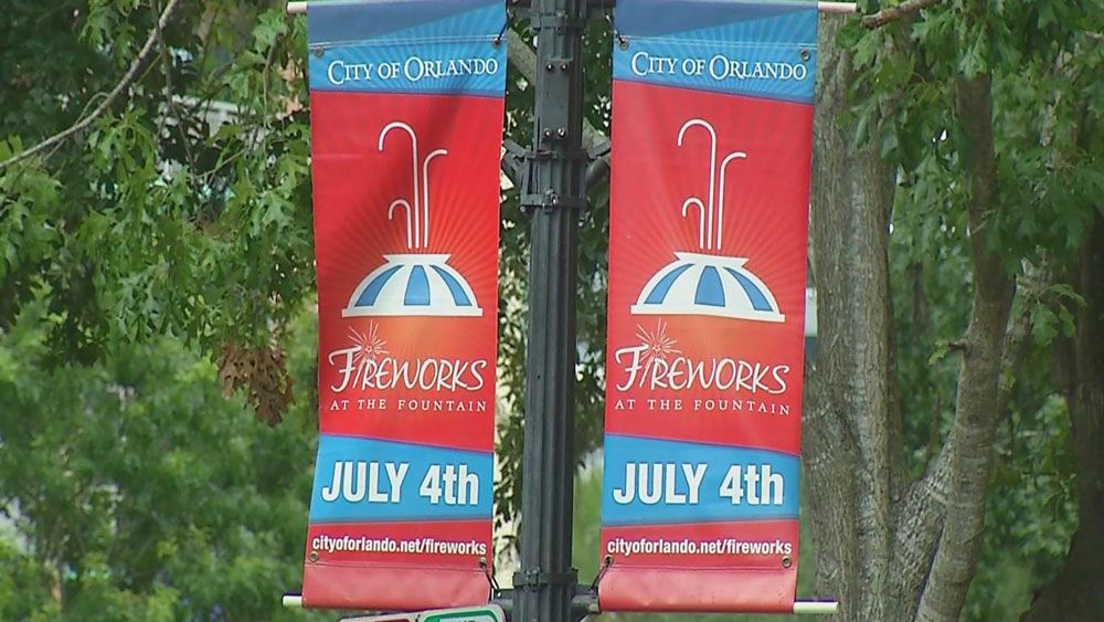 Fireworks at the Fountain flags are up around Downtown Orlando to promote the annual July 4 celebration. (Spectrum News 13)