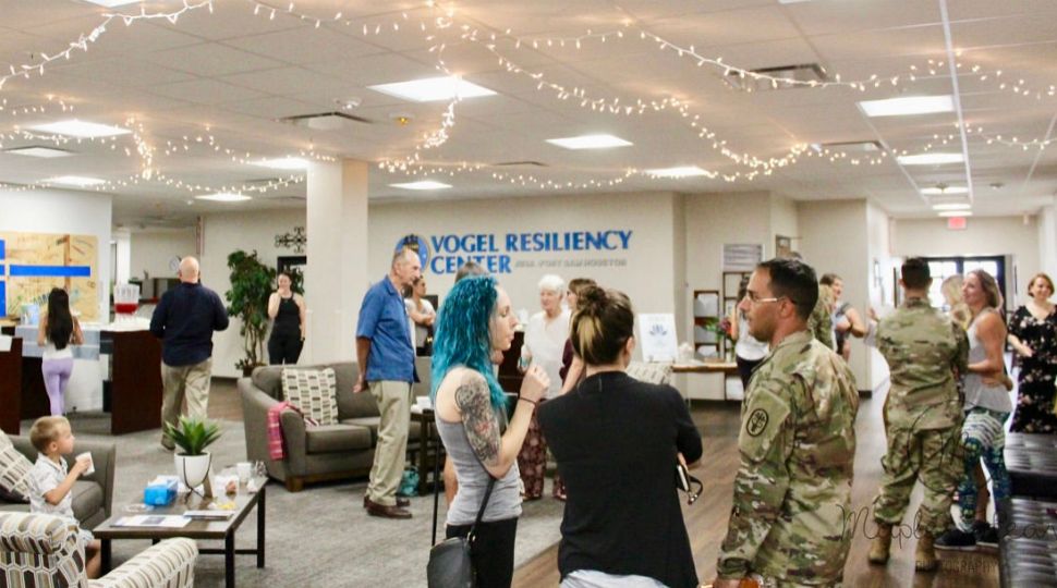 A group gathers in the lobby area of the Yoga Resiliency Center at JBSA-Fort Sam Houston June 2, 2019 (Courtesy: Maple Heart Photography)