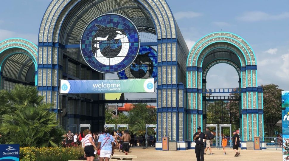 A line forms outside of SeaWorld entrance July 4, 2019 (Spectrum News)