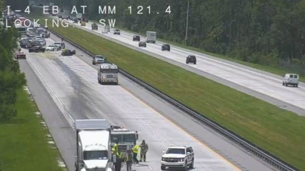 A three-vehicle crash on eastbound Interstate 4 caused at least one injury and a diesel spill, forcing officials to reroute eastbound traffic. (Spectrum News 13)