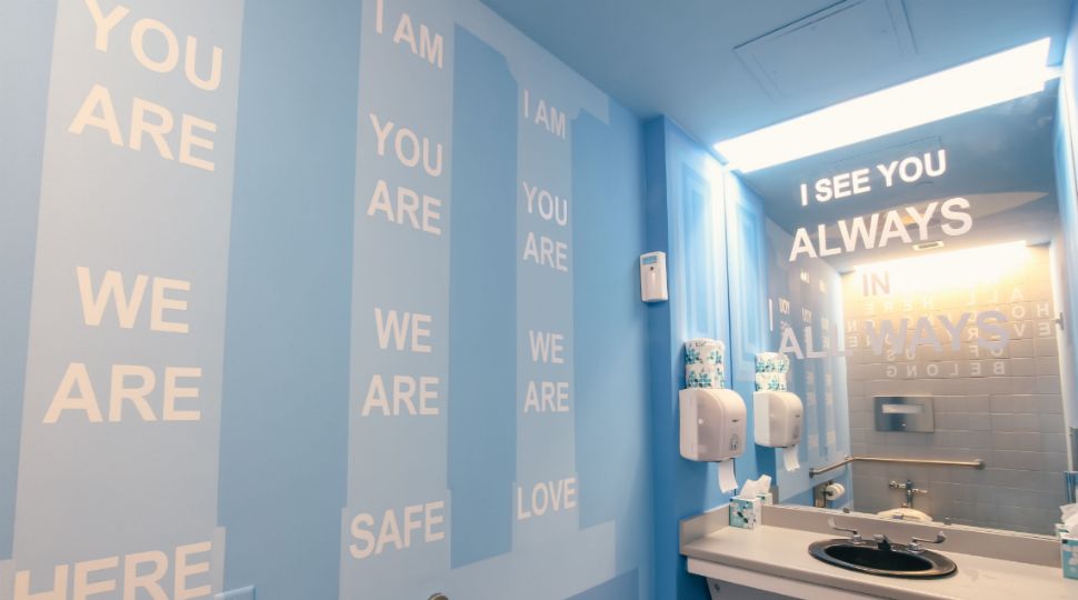 Art depicted in a bathroom setting, part of Transamerica/n: Gender, Identity, Appearance Today exhibit, inside the McNay Art Museum (Courtesy: McNay Art Museum) 