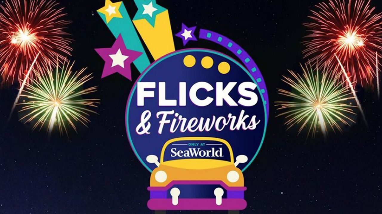 SeaWorld Orlando transforms its large parking lot into a drive-in movie experience complete with food trucks and fireworks. (SeaWorld Orlando)