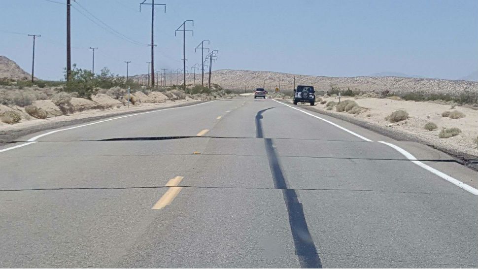A road was heavily damaged in Ridgecrest due to the earthquake on the 4th of July. (Courtesy: @Emily31377)