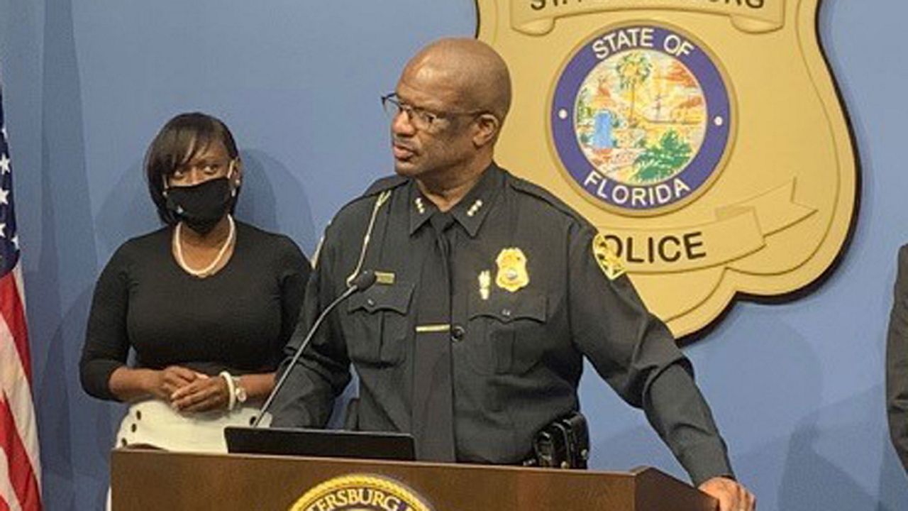 St. Petersburg Police Chief Anthony Holloway speaks to assembled media about changes coming to the department, Thursday, July 9, 2020. (Tim Wronka/Spectrum Bay News 9)