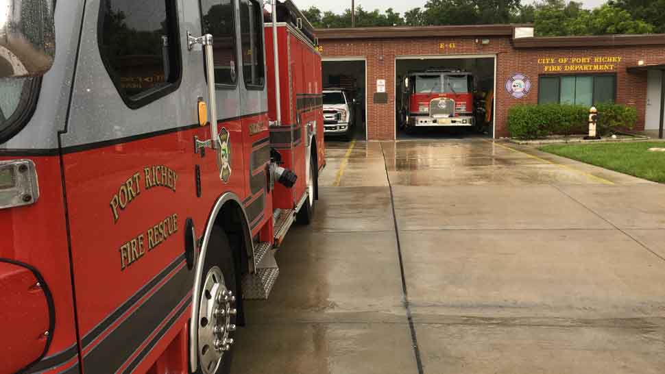 Fire trucks outside the Port Richey Fire Department. (Sarah Blazonis/Spectrum Bay News 9)