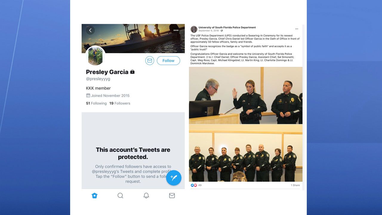 Left: Screen shot of the Twitter account listing Presley Garcia as the owner and "KKK member" in the bio; Right: Photo from 2018 USF Police swearing-in ceremony showing Officer Presley Garcia being sworn in as a new officer. (Courtesy: USF Police Department)