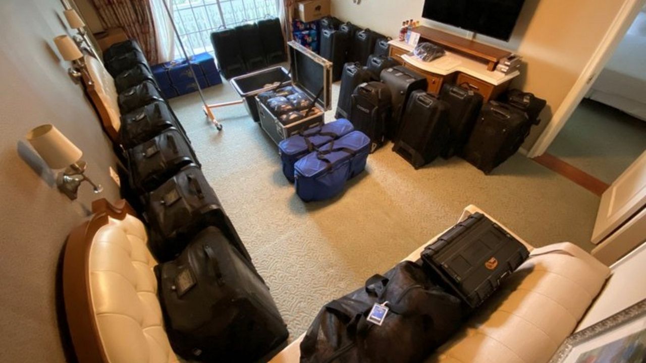 This photo provided by Jacob Diamond shows the 2nd bedroom inside Orlando Magic equipment manager Jacob Diamond’s suite at the team hotel on the Disney World complex near Orlando, Fla., on Thursday, July 9, 2020. All 22 teams in the NBA restart had to pack more than ever for a road trip like none other. ( Jacob Diamond via AP)