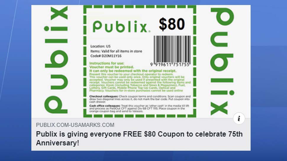 A fake $80 Publix coupon is circulating on social media. (Facebook)