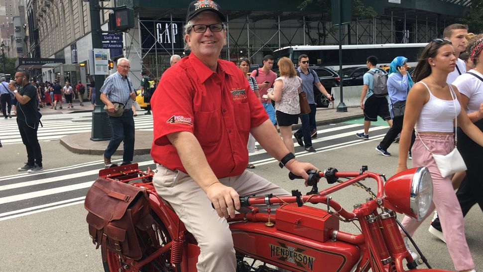 Rider Mark Hunnibel on his classic motorcyle