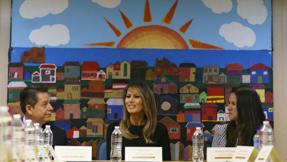 First lady Melania Trump, joined by Alexia Jo Rodriguez, Southwest Key Vice President, right, and Geraldo Gabriel Rivera, Southwest Key Associate Vice President, left, participates in a roundtable discussion at Southwest Key Campbell, a shelter for children that have been separated form their parents stay in Phoenix, Ariz., Thursday, June 28, 2018. The first lady is in the area to view additional immigration facilities. (AP Photo/Carolyn Kaster)