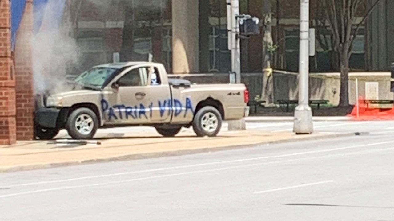 This truck drove into a pillar in front of the Metro Corrections building (Louisville Metro Department of Corrections)