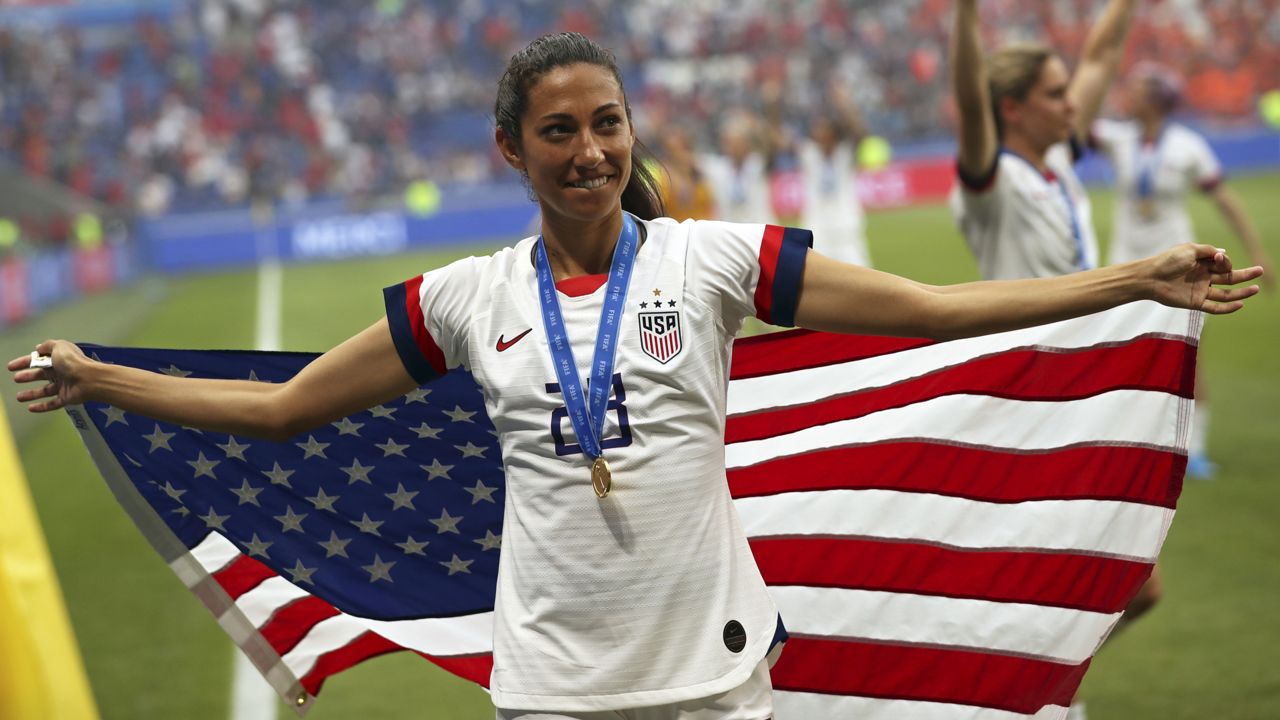 United States' Christen Press celebrates at the end of the Women's World Cup final soccer match between US and The Netherlands at the Stade de Lyon in Decines, outside Lyon, France, Sunday, July 7, 2019. The US defeated the Netherlands 2-0. (AP Photo/Francisco Seco)