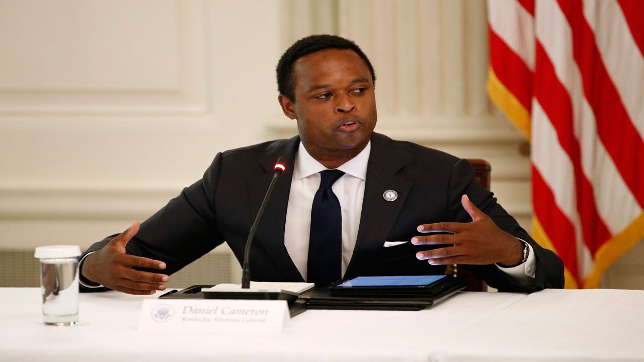 Kentucky Attorney General Daniel Cameron speaks during a roundtable discussion with President Donald Trump and law enforcement officials, Monday, June 8, 2020, at the White House in Washington. (AP Photo/Patrick Semansky)