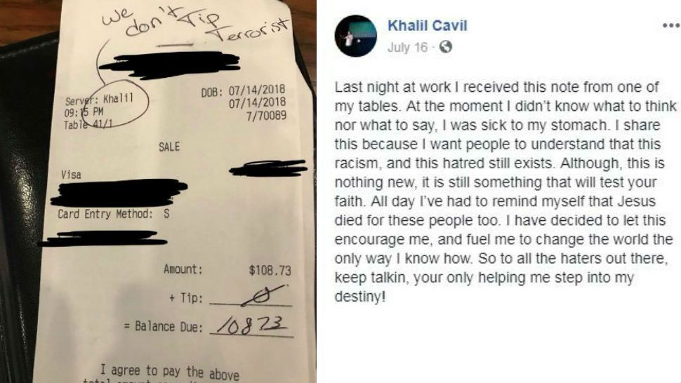 Texas server Khalil Cavil posted an image of the now viral receipt where customers refused to tip him with the message "We don't tip terrorist." (Courtesy: Khalil Cavil Facebook)