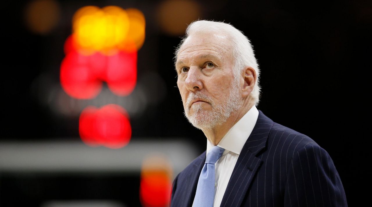 San Antonio Spurs' Gregg Popovich coaches during an NBA basketball game against the Philadelphia 76ers, Friday, Nov. 22, 2019, in Philadelphia. (AP Photo/Matt Slocum)