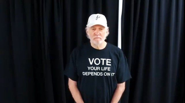 San Antonio Spurs head coach Gregg Popovich addresses the media virtually while wearing a T-shirt that reads "VOTE, your life depends on it" (Courtesy: San Antonio Spurs)