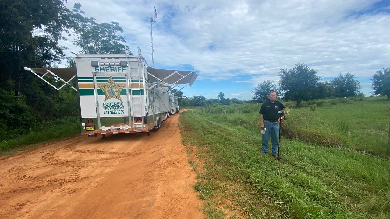 Polk County Sheriff Grady Judd provides an update to a triple homicide in Frostproof Saturday. (Ashley Paul, Spectrum News)