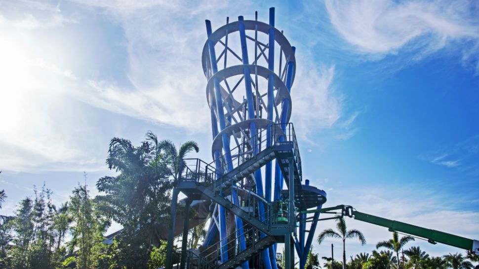 Infinity Falls, a new raft ride at SeaWorld Orlando, is close to completion. The attraction's tower was recently installed. (SeaWorld)