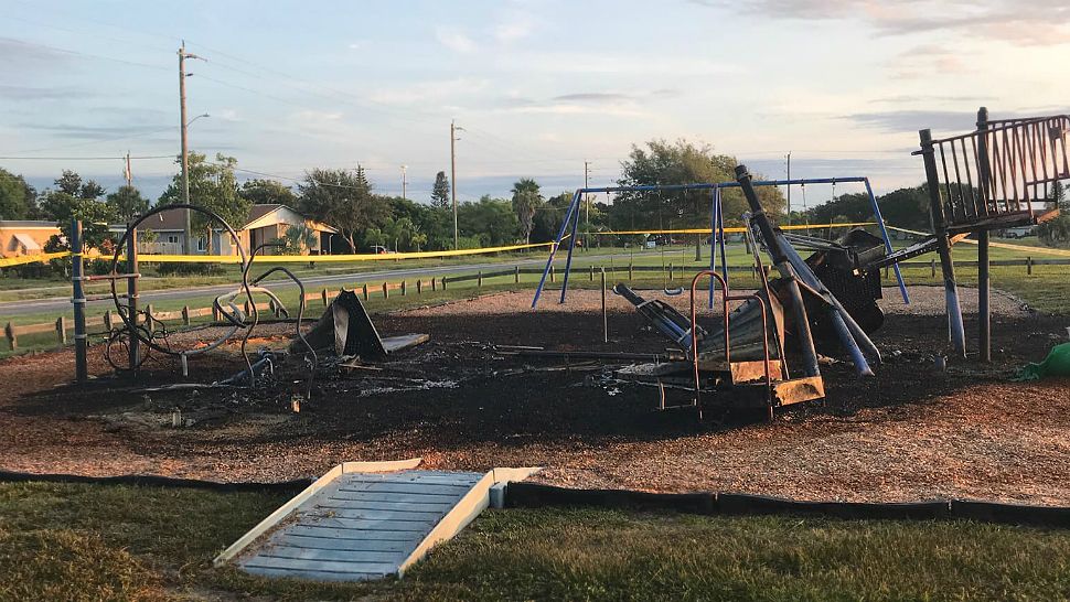 Equipment at a Palm Bay playground burned to the ground overnight, and arson is suspected. (Courtesy of Palm Bay Fire Rescue)