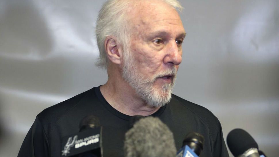 San Antonio Spurs NBA basketball team head coach Gregg Popovich speaks to the media during a press conference in San Antonio, Wednesday, July 18, 2018. The Kawhi Leonard saga in San Antonio is over. So is DeMar DeRozan’s time in Toronto. An NBA summer blockbuster got pulled off Wednesday, July 18, 2018, with the Spurs sending Leonard to the Raptors as part of a four-player deal that has DeRozan heading to San Antonio. The Spurs also got center Jakob Poeltl and a 2019 protected first-round draft pick, while the Raptors acquired sharpshooter Danny Green. (William Luther/The San Antonio Express-News via AP)