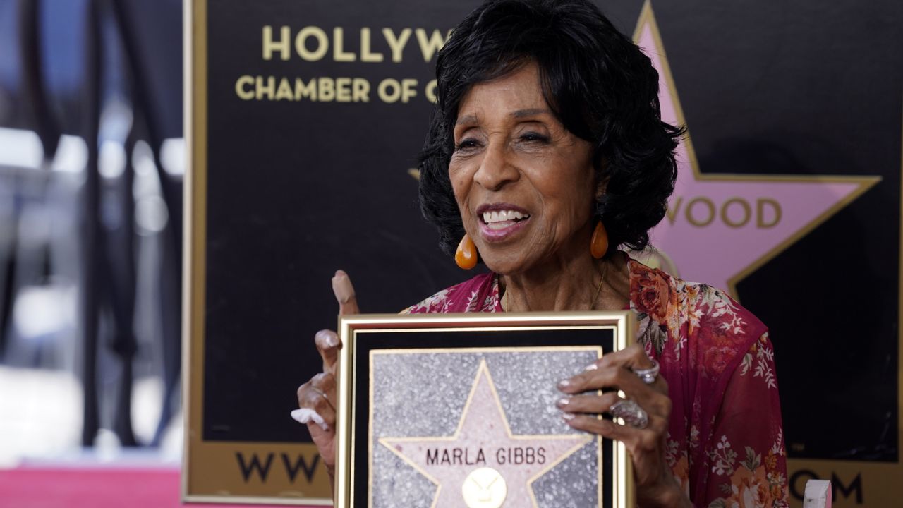Actress Marla Gibbs poses at a Hollywood Walk of Fame ceremony for her, Tuesday, July 20, 2021, in Los Angeles. (AP Photo/Chris Pizzello)
