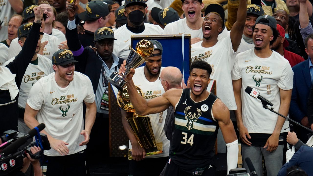 Giannis Antetokounmpo NBA MVP Trophies Championship Milwaukee