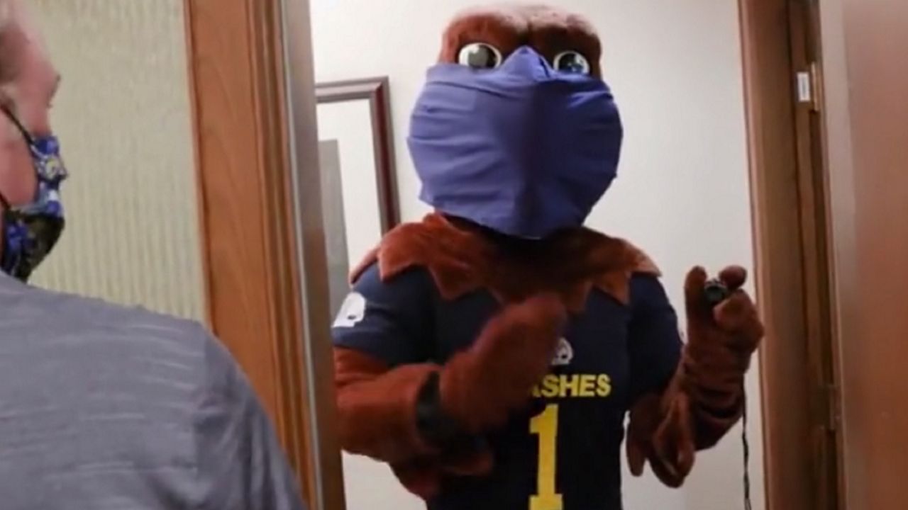 kent state university flashes mascot wearing a mask