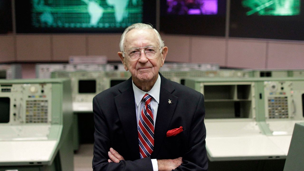 This Tuesday, July 5, 2011, file photo shows NASA Mission Control founder Chris Kraft in the old Mission Control at Johnson Space Center in Houston. Kraft, the founder of NASA's mission control, died Monday, July 22, 2019, just two days after the 50th anniversary of the Apollo 11 moon landing. (AP Photo/David J. Phillip, File)