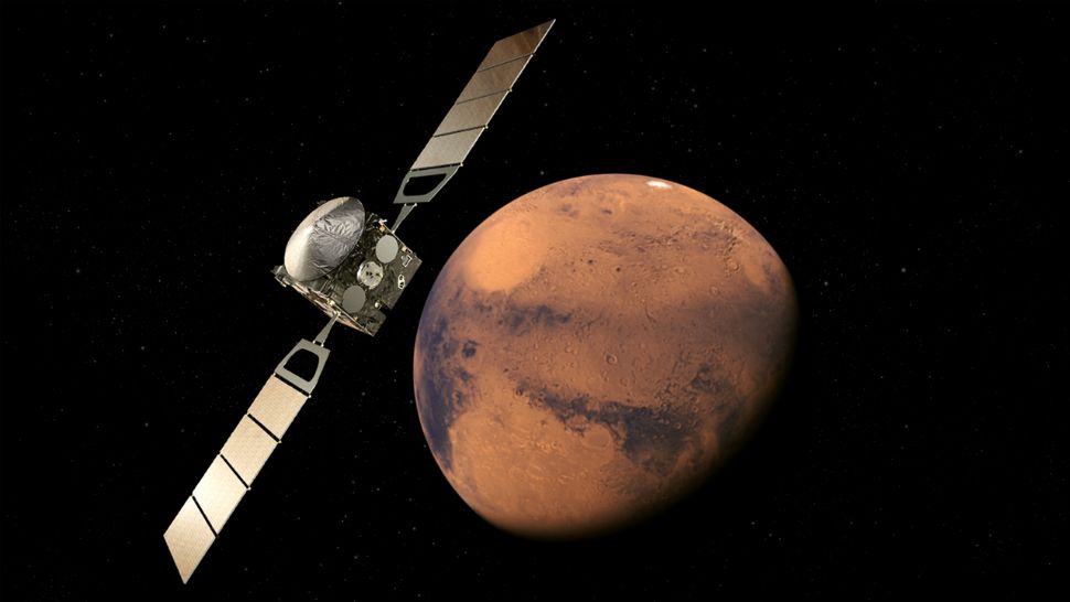 The Mars Express spacecraft collected years of data on Mars, which helped scientists find what they say is a deep underground lake near the south pole. (European Space Agency illustration)