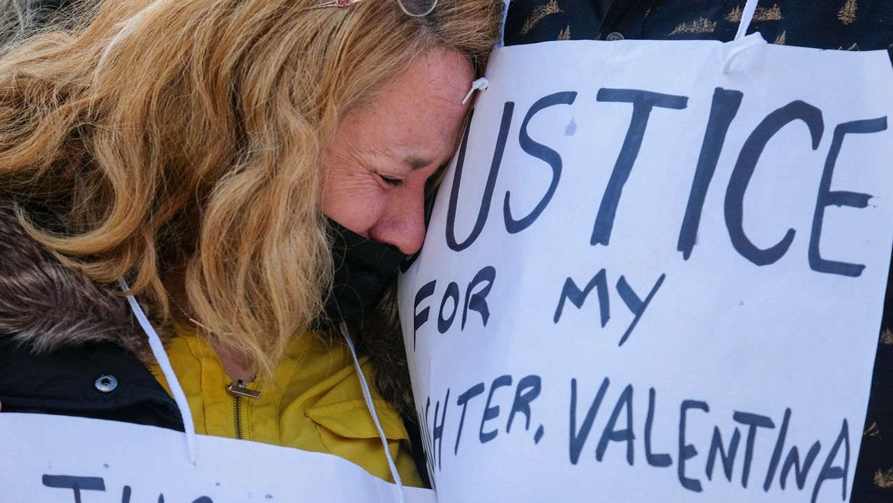 Soledad Peralta, mother of Valentina Orellana Peralta, cries at a news conference outside Los Angeles Police Department Headquarters in Los Angeles, on Dec. 28, 2021. (AP Photo/Ringo H.W. Chiu, File)