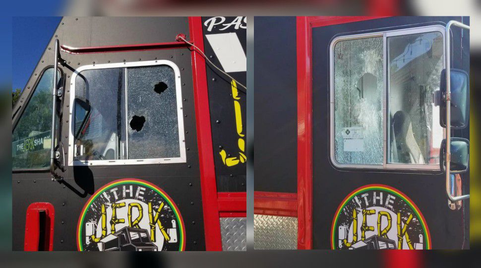 Images of shattered glass on The Jerk Shack's food truck (Courtesy: The Jerk Shack)